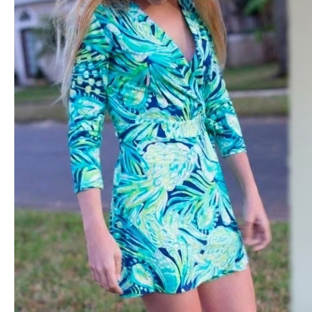 Lilly Pulitzer Marlowe Wrap Dress Blue Green Tropical Palm Print Size Medium